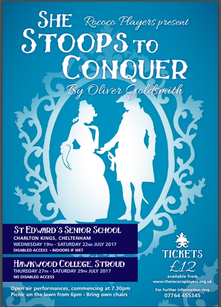 Poster for a production of She Stoops to Conquer by the Rococo Players.